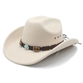 Chapeau de cowboy en feutre de laine beige avec large bord et pierre de turquoise - M (56-58cm) / Beige