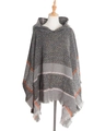 Women's dark gray hooded knit poncho with colorful stripes and fringe details - Gray