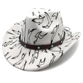 Western white cowboy hat with black bird print and turquoise studded leather band - M (56-58cm) / Indent Top / Seagull Print / Fedora Top White