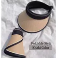 Foldable khaki straw sun visor with black trim and UPF 50 protection for women - Foldable Design with G Metal Logo / Khaki