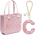 Pink rhinestone letter C charm pendant for beach tote bags with gold adjustable chain link - M / Pink