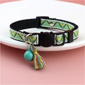 Blue and yellow geometric wave pattern cat collar with bell and colorful tassels - Green Bell with Tassel