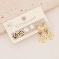 Three-pair stainless steel earring set featuring heart, zircon, and flower studs - Black Flower Rhinestone Heartbeat Earring Combination (E516) / 3 Pairs Set