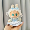 Labubu doll wearing a light blue and white lace dress with matching bunny ear bonnet - Blue Tulle Dress Maid With Headband / First And Second Generation Keychains Are Compatible With La Cloth Dolls. Dolls Not Included.