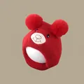 Winter knit baby beanie featuring cute red bear design with pom-poms and ear protection - Double-ball Embroidery Red (2 Months - 2 Years)