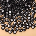 Flat round black acrylic beads with silver star heart patterns for DIY jewelry making - 4x7mm Black With Silver Star Moon (100pcs)