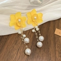 Close-up detail of yellow fabric flower earrings with cascading pearl tassel drops - Yellow-Flower Pearl Tassel (925 Sterling Silver Earring Post)