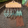 Vintage 3-piece bohemian earring set with turquoise blue finish on a rustic wood background - Hollow Dot Matrix Metal Tassel Style (HQEF-1648)