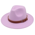 Detail of lavender fedora hat showing thick felt texture and dark brown leather belt buckle - Light Purple