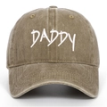 Close-up of DADDY embroidery on vintage washed cotton baseball cap with curved brim - One Size / Khaki