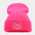 Detail of neon pink cat mom embroidery on ribbed knit beanie cuff for winter - One Size / Fluorescent Rose Red