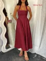 Elegant burgundy sleeveless halter maxi dress with high waist and A-line silhouette - S / Burgundy