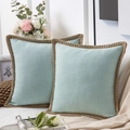 Detail of light blue linen pillow covers with brown braided hemp rope trim on a sofa - 30*50cm / Azure Blue