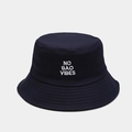 Close-up of white 'NO BAO VIBES' embroidery on a navy blue cotton fisherman bucket hat - M (56-58cm) / Navy Blue
