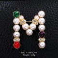 Elegant gold letter M brooch with white pearls and colored beads on black leather - Pearl Letter M Style (XD11180)