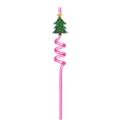 Pink spiral plastic drinking straw with a green silicone Christmas tree topper decoration - Colorful Christmas Tree / Pink