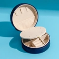 Mini round jewelry travel organizer in navy blue with multi-functional storage layout - Mirror Style / Dark Blue