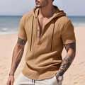 Close-up of khaki linen hooded beach shirt with Henley neck and black drawstring details - Earthy Yellow
