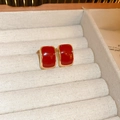 Elegant rectangle red enamel stud earrings with gold trim on beige velvet display - Gold Red Square Style (9#)