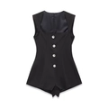 Minimalist black sleeveless romper with square neckline and crystal buttons on white background - S / Black