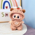 Brown monster plush doll in a romper with a red tomato head decoration and blue star - Cloud Velvet Brown Persimmon Set / First And Second Generation Keychains Are Compatible With La Cloth Dolls. Dolls Not Included.