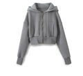 Détail d'un sweat à capuche court gris avec fermeture éclair et poignets côtelés - S / Sweat à capuche / gris foncé