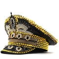Punk style captain hat with gold studs and black sequins for festivals and parties - Adjustable / Black Gold Captain Hat