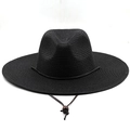 Classic black wide-brim straw sun hat with leather chin strap and adjustable toggle - M(56-58cm) / Black