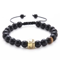 Detail of tiger eye and black onyx beaded bracelet with micro-pave gold zircon letter J - Letter J-Black Agate Bracelet