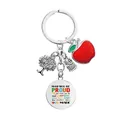 Silver metal keychain with red enamel apple, owl, tree pendants and inspiring round tag - CYPYS009 Keychain Silver