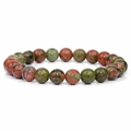 Natural 8mm Unakite stone beaded bracelet with unique green and pink speckled texture - Polished Unakite