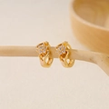 Close-up of gold-plated copper earrings with zircon clusters hanging on a wooden branch - EH411016