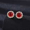 Rose gold halo stud earrings with round red ruby center and sparkling white zircon accents - Champagne-colored Red Diamond Stud Earrings Tz-22