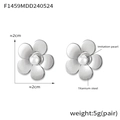 Detail view of flower-shaped titanium steel studs with pearl centers and measurements - F1459-3-Petal 3D Flower / Steel