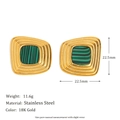 French vintage 18K gold plated square stainless steel earrings with green agate inlays - Gold Threaded Trapezoid with Green Texture