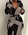Women's 2-piece lounge set with geometric grey print, v-neck hoodie and matching skirt - S / Bottoms / Gray Black Print