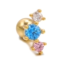 Gold 20G stainless steel cartilage stud with vertical white, blue and pink zircon stones - Blue 3-Stone (EGD0060)