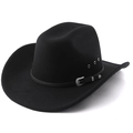 Classic black wool felt western cowboy hat with metal buckle and breathable holes - M(56-58cm) / Black