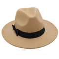 Side view of camel fedora hat featuring a black grosgrain ribbon and flat bow detail - One Size / Camel