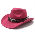 Detail eines rosaroten Wildleder-Cowboyhuts mit Lederband und silbernem Bullenkopf-Symbol - M (56-58cm) / Rosarotes Wildlederimitat