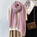 Pale pink crinkled cotton linen scarf with wave texture and subtle fringe tassel details - Pink Purple