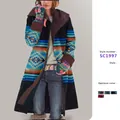 Manteau long femme en laine mélangée avec motifs géométriques ethniques sur tissu noir - S / Hauts / Noir