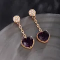 Elegant gold drop earrings featuring large heart-shaped purple crystals and zircons - Purple Heart Pendant / Gold