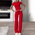 Women's two-piece casual lounge set in red with short sleeve top and drawstring pants - S / Red