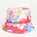 Detail of colorful tie-dye bucket hat featuring white mushroom, moon and butterfly prints - M (56-58cm) / Mushroom Butterfly Colorful
