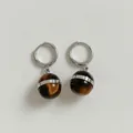 Tiger eye natural stone drop earrings with silver metal rings and brown gemstone texture - Silver Style (PDE590)