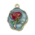 French vintage enamel light blue flower pendant with red rose and pearl detail - Lake Blue Gold-Sprinkled White Flower Leaf-22075