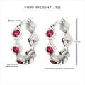 Macro detail of F899 brass earrings with AAA+ ruby zircons and wave texture - Platinum Plated (Red Zirconia)