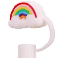 Rainbow and white cloud silicone straw cover for 10mm tumbler straws with ring strap - Large Rainbow / 10mm