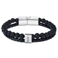 Detail of men's leather and map stone bracelet with engraved custom name plate - 1 Name / Lava Stone